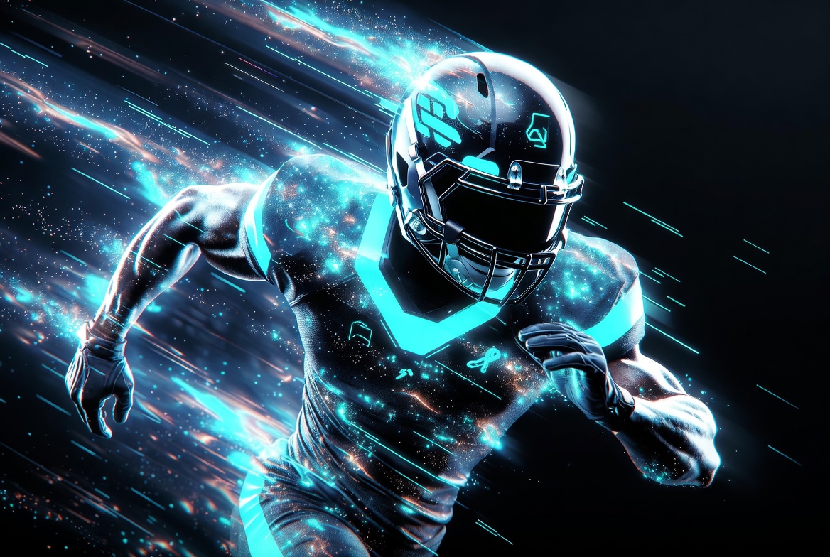 Futuristic AR football player with cyan energy effects