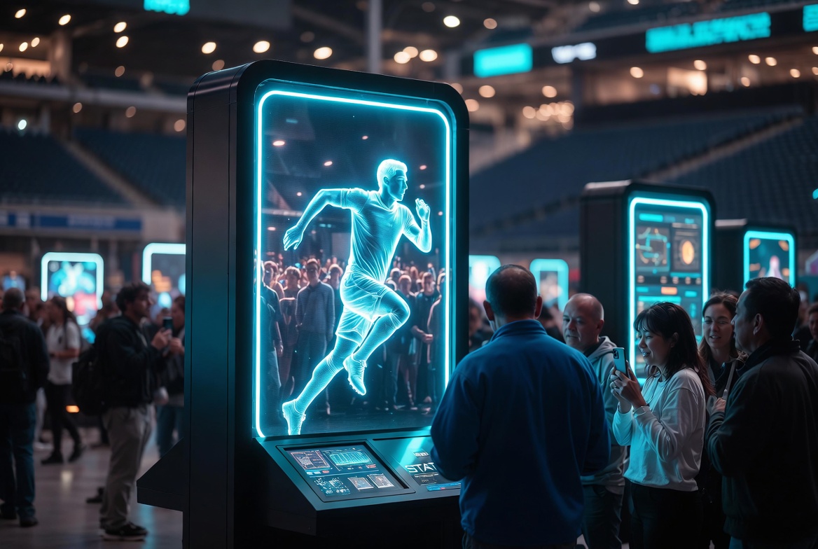 Fans interacting with Pose With AR kiosk showing holographic athlete